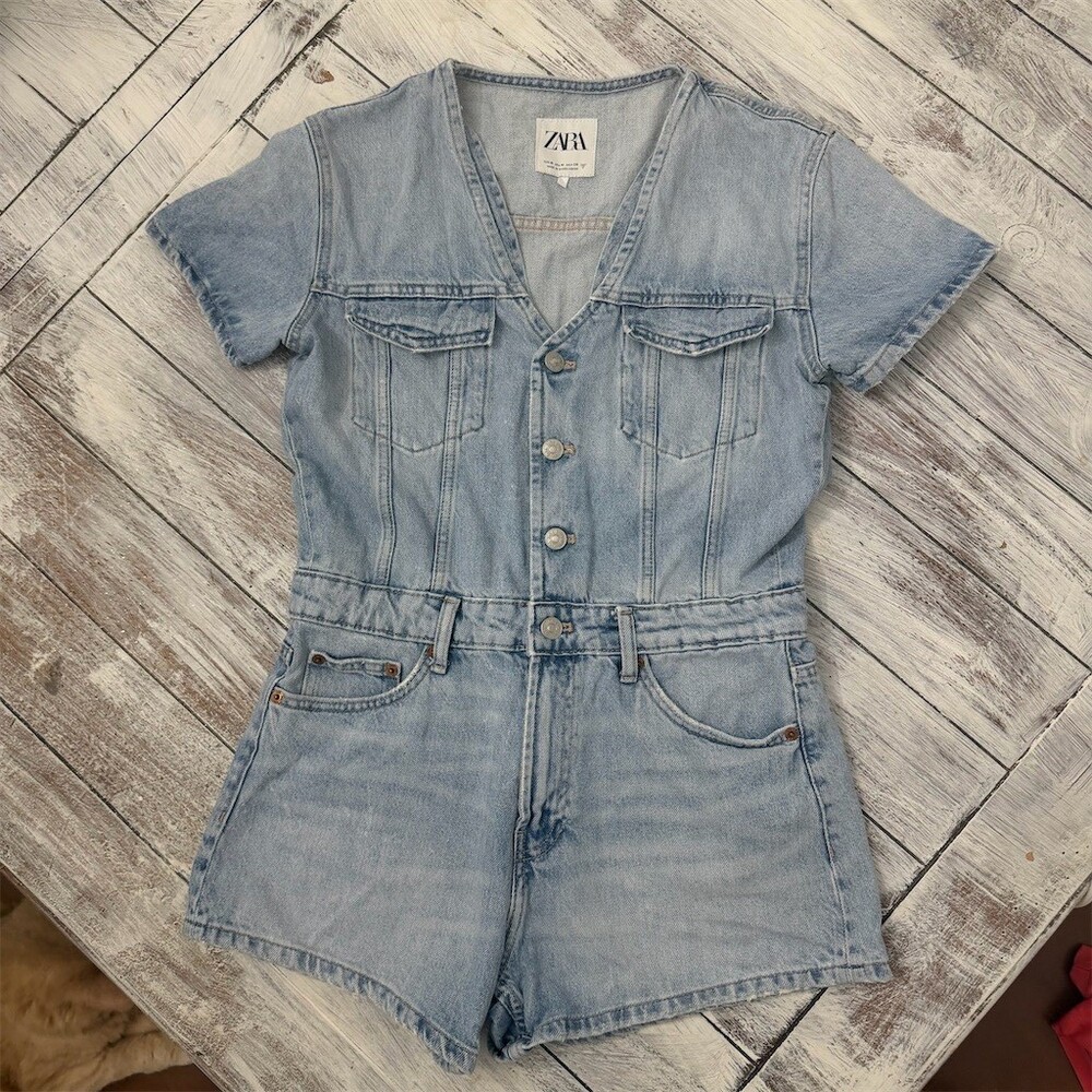 Zara Romper Womens M Blue Light Wash Short Sleeve Button Front Pockets